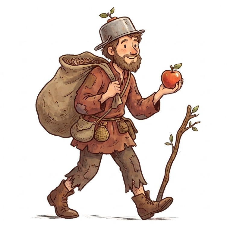 Ilustración de Johnny Appleseed caminando con semillas y una manzana
