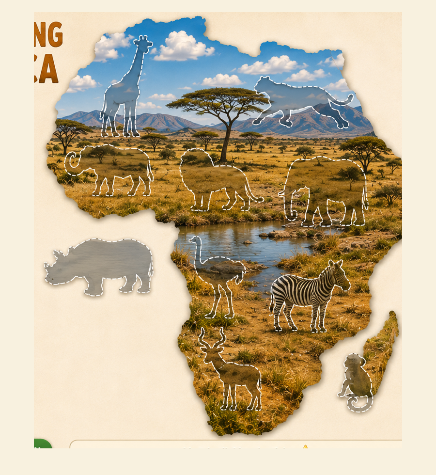 Africa savanna map with animal silhouette positions